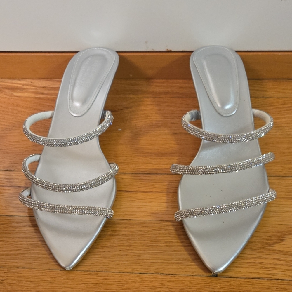 Crystal Rhinestone Silver Strappy Party Evening Shoes Kitten Heels Sz 39